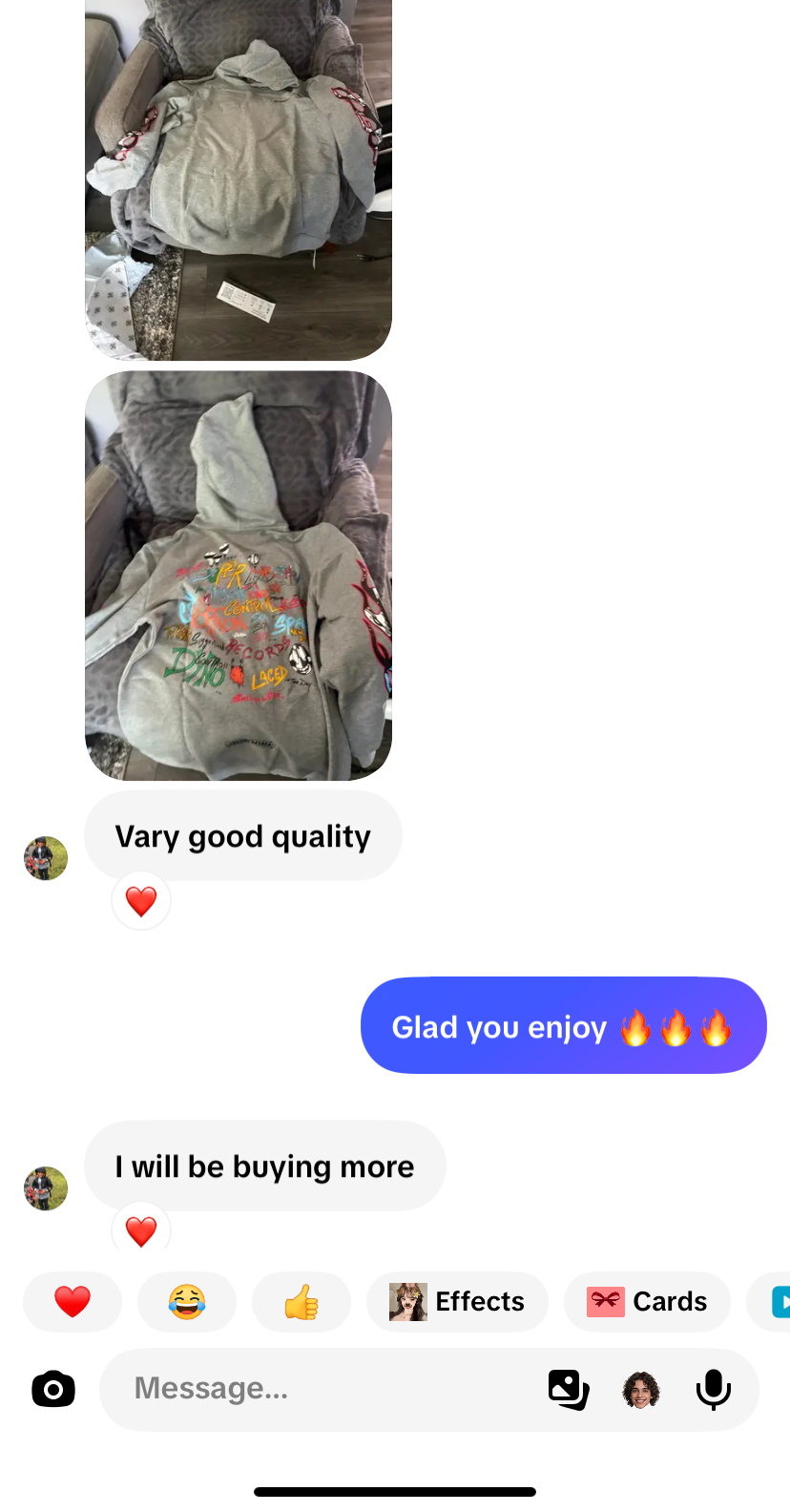 Customer message with hoodie photos: 'Vary good quality — I will be buying more'