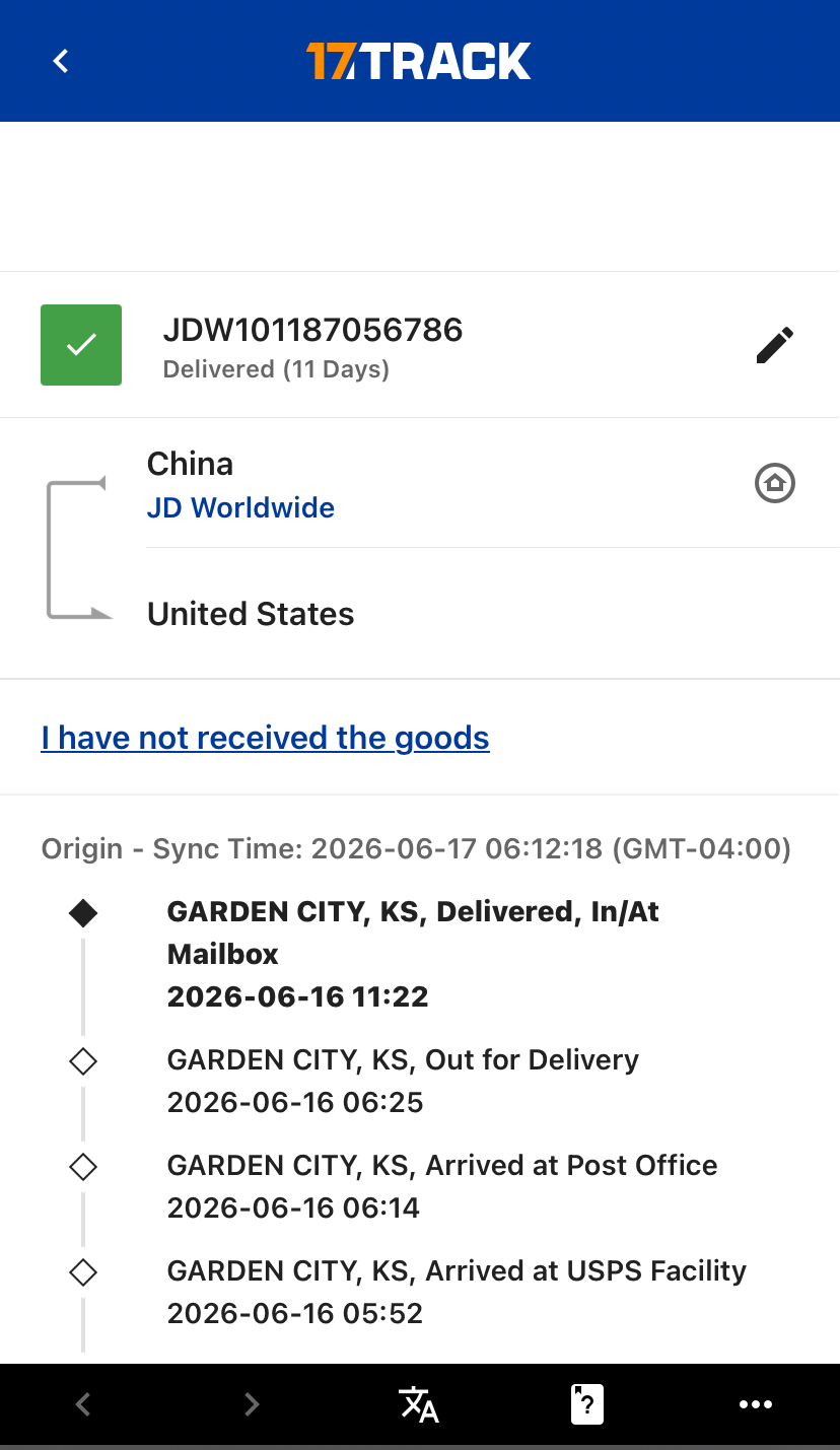 17TRACK tracking screen showing package JDW101187056786 delivered in Garden City, KS